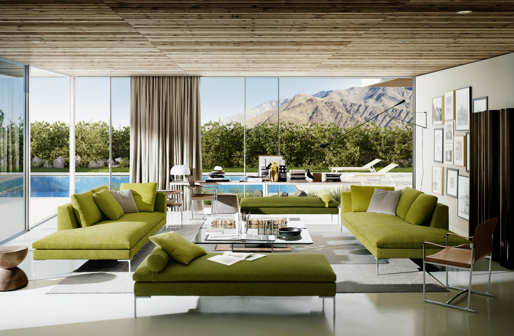 Sofakombination „Charles“ von der Designermarke B&B Italia – flexible Platzierung einzelner Inseln in luxuriösem Ambiente.