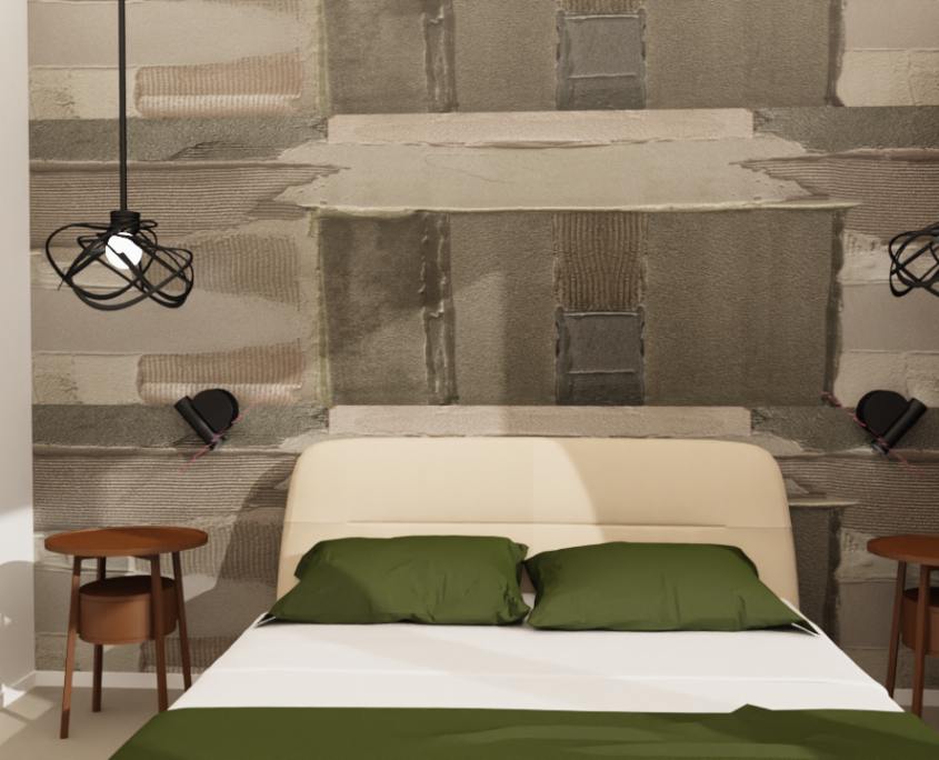 Visualisierung Schlafbereich in warmen Farben. Designerleuchten und kleine Holzkonsolen setzen entsprechende Akzente. Innenarchitektur für Hotels, Gastronomie und mehr von raumideen.